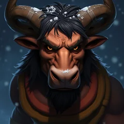 portrait of a minotaur, an antropomorphic creature with a bull face, dark hair, mattepainting concept blizzard pixar maya engine on cold night stylized background splash comics global illumination lighting artstation lois van baarle, ilya kuvshinov, rossdraws