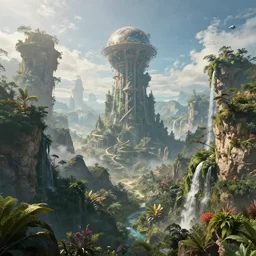 the simulation is set to fly through the orb of madness, celestial towers, mountainous terrains filled with lush with flora and waterfalls, no gods no masters no labels, by antoine wiertz and noah bradley, visually stunning, cinematic, ultra realistic, hyper realism, 1 2 k, epic, octane render, unreal engine, vfx, maya