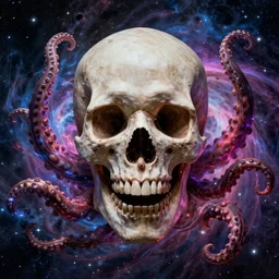 a giant skull with lovecraftian tentacles emerging from a space nebula by dan mumford, digital art, photorealistic, vivid colors, highly detailed, intricate