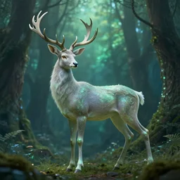 beautiful elven celestial stag. beautiful highly detailed forest background. green and blue light. accurate, sci - fi concept art, intricate, elegant, long shot 8 k rendering.