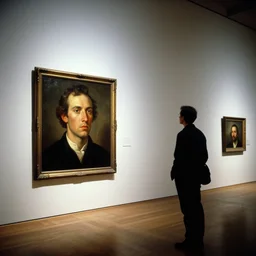 A man staring at a painting of himself staring back. Modern art gallery.  Wide angle. Photorealistic. Dramatic lighting. Award winning photography. 35mm photograph.