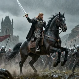 cinematic still of King Arthur going to Mordor on his magestic horse and wielding Excalibur as he charges the enemy, raining, 4k, masterpiece, by Greg Rutkowski, Trending on Artstation