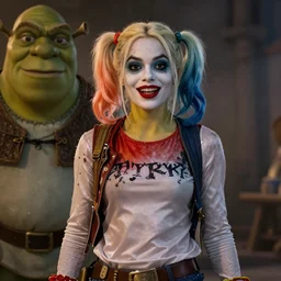 Shrek as real-life Harley Quinn, cinematic, Wide-shot, atmospheric lighting, extreme detail, 8K, movie still