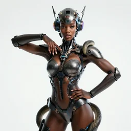 beautiful centered fine art photo portrait of beautiful black girl with solarpunk mecha humanoid head parts with led lights, sexy serpentine pose gesture, white background, ultra - realistic and intricate, soft box lighting, shallow depth of field hdr 8 k
