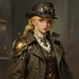 a detective woman with blonde hair wearing a coat, a detailed painting by pu hua, trending on artstation, steampunk art, artstation hd, detailed painting, anime aesthetic