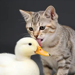 a kitten licking a duck, studio photography, close - up