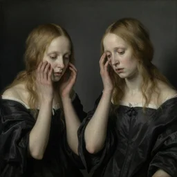 two frail pale women disturbed faces gloomy background!! surreal hans memling