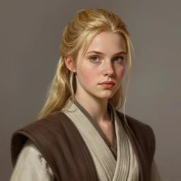 portrait of a woman by greg rutkowski, slavic, blonde, cute, she is about 2 0 years old, beautiful, wearing jedi robes, star wars expanded universe, highly detailed portrait, digital painting, artstation, concept art, smooth, sharp foccus ilustration, artstation hq