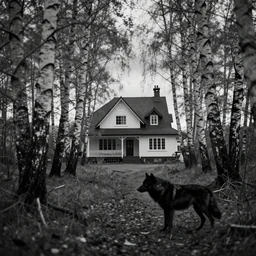 house in the birch trees wood, black wolf guarding, monochrome analogue photo quality, blur, unfocus, cinematic, 35mm