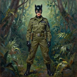 frazetta catwoman in army uniform full body panoramic portrait textured oil painting jungle background