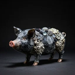 a pig - blackberry sculpture, obsidian and glass and pumice and japanese glazed pottery, lichen, antique, black background, dramatic lighting, centered, zen,