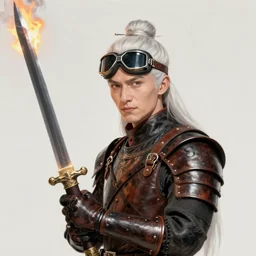 portrait : : clearly visible face : : : swashbuckling albino rogue wearing ss uniform leather armor with hand on hilt : : tang dynasty sword with blowtorch flame for blade : : goggles pushed up on forehead : : concept art by rutkowski and alphonse mucha and barlowe