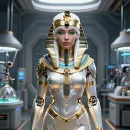 perfect white haired attractive egyptian goddess, warframe armor, golden pharaoh headdress, beautiful, symmetric, dreamy, half asian, pretty face, green eyes, charlize theron, detailed, scifi platform, laboratory, experiment, 4 k, ultra realistic, epic lighting, android body, illuminated, cinematic, masterpiece, art by akihito tsukushi, voidstar