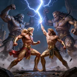 Zeus fighting giants by throwing lightning, by Alex flores, key art, 4k, splash art