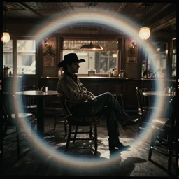 first image from new western film, a cowboy slouches in a saloon chair in shadow, kodak vision 2 0 0 t, anamorphic lens, halation, diffusion, framing, symmetrical
