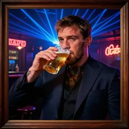 a well framed portrait of conor mcgregor drinking a beer in an irish pub with a neon bar, laser show with blue cloud patterns, trending on art station, in the style of the movie heat with al pacino, volumetric lighting & shadows, digital art, unreal engine, 4 0 0 mm f 1. 2,