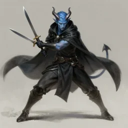 D&D character concept art of a cloaked tiefling, tiefling rogue, blue skin color with short horns and a devil tail, fighting pose of a Rogue holding daggers, black cloak hidden in shadows, full body pose, soft colors, fantasy, intricate, elegant, highly detailed, digital painting, artstation, concept art, smooth, sharp focus, illustration, wide angle shot, full body visible, art by artgerm and H R Giger and alphonse mucha