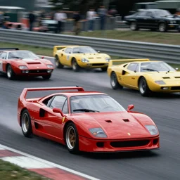 vintage archival race footage of a single 1995 Ferrari F40, with elements of the De Tomaso Pantera, Lotus, GT40, BMW M1, and Countach, movie still, speed, cinematic Panavision 5384 film