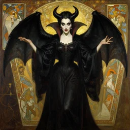 baroque oil painting portrait of vampire queen in gothic robes with bat wings, by peter mohrbacher, alphonse mucha, brian froud, yoshitaka amano, kim keever, victo ngai, james jean