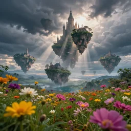 whimsical islands in the sky, fantasy city, storm clouds, god rays, flowers close up in foreground, max rive, 4 k, instagram, landscape, hdr