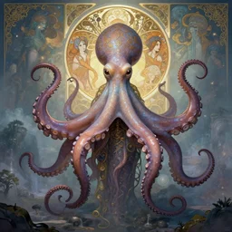 portrait of an octopus goddess, full body shot, rule of thirds, wide angle, amazing landscape in background, magic realism, fantasy, whimsical, horror, art by riot games and chengwei pan and josephine wall and amanda sage and alphonse mucha, intricately detailed, highly detailed, luxurious, elegant, clean, unsettling, trending on artstation