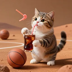 space cat drinking cola through twisty straw while standing on basketball court on mars, highly detailed, realistic