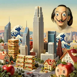 a bizarre city constructed from various food items and snacks, with skyscrapers made of sub sandwiches and houses made of apples. by vladimir kush salvador dali, hokusai and --height 1024