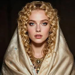 portrait of girl drapped in silks, inca goddes costume, blonde, curly hair, clean face, slutty make up, symmetrical ecstatic face, looking straight, smooth skin, jewelry, ecstasy, cute, fashion editorial photography, from vogue magazine, ultra realistic, reflections, from eyes wide shut movie