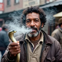 closeup portrait of a snake oil salesman in a smoky new york back street, photograph, magazine, press, photo, Steve McCurry and David Lazar, CANON Eos C300, ƒ1.8, 35mm, 8K