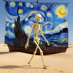 3 d render, skeleton, walking, desert, ship, in the style of van gogh starry night.