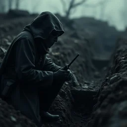 tilt shift wwi plague doctor pondering over a dug out trench, dramatic light, zdzidaw