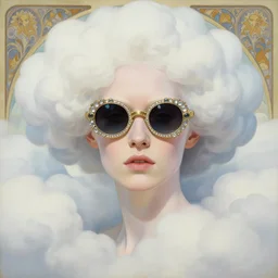 aesthetic portrait commission of an albino woman wearing jeweled sunglasses in thick clouds, minimalistic art, hyperdetailed detailed, by Alphonse Mucha, Ayami Kojima, Amano, Charlie Bowater, Karol Bak, Greg Hildebrandt, Jean Delville and Mark Brooks, Art Nouveau, Neo-Gothic, gothic, pastel colors award winning painting