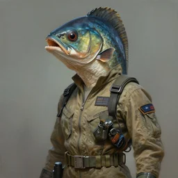 epic professional digital photo of female human - fish hybrid animal wearing air force jumpsuit, humanoid fish head, airbrush painting, by neal adams and frank frazetta and joelle julie, artstation, cgsociety, wlop, epic, much wow, much detail, gorgeous, detailed, cinematic, masterpiece