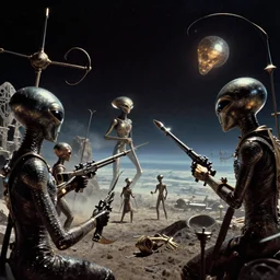 an ancient alien battle in space using antique weapons, canon 5 0 mm, cinematic lighting, photography, retro, film, kodachrome
