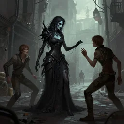 hone onna tricking men in the streets, tending on artstation, dark colors, fantasy, horror, digital art, 8 k
