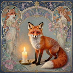 hyperrealistic detailed candle fox in baroque painting, lights, art by ernst haeckel, john william godward, hammershøi, alphons mucha, pontormo, ornamental, decorative, art nouveau wallpaper, lights by hopper, pastel deep colours,