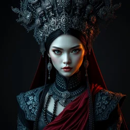 portrait of beautiful gothic female model by irakli nadar with intricate detailed thai traditional headdress and clothing, haunting, elite, elegant, ruan jia, dark, hyper detailed, concept art, by gustav klimt,