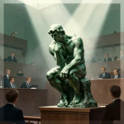 editorial illustration by karolis strautniekas and mads berg, illustrated rodin's the thinker in a busy court room interior, many people, low fog, fine texture, detailed, ( ( dark green, white, brown ) ), muted colors, dramatic lighting, dynamic composition, vivid, matte print, wide angle, ( ( sunbeams ) ), moody