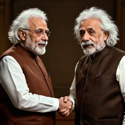 portrait, Narendra Modi shaking hands with Albert Einstein , dramatic lighting, cinematic, establishing shot, extremely high detail, foto realistic, cinematic lighting, post processed, concept art, artstation, style by eddie mendoza, raphael lacoste, alex ross