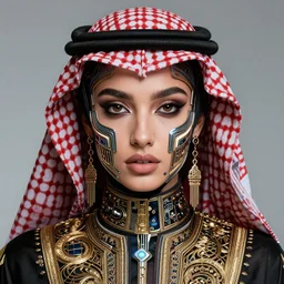portrait of arabic model, intricate, technology, sharp focus, octane render, realistic, detailed, beautiful, unreal engine, symmetrical!!, maybelline, sephora, loreal, artstation, art by artgerm, rossdraws, art by karol bak, makeup by pat mcgrath, cinematic, concept art, filmic, vsco