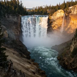 Yellowstone river valley, lower falls, medium format digital camera, golden hour, photorealistic