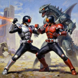 an exciting anime scifi action impressionist renaissance oil painting of kamen rider sparring with a kaiju by al williamson and vincent di fate, trending on artstation