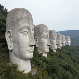 a series of gigantic weird concrete head busts in the mountains, surrounded by vegetation, perspective shot from the sky, realistic, by origiful, 4 k