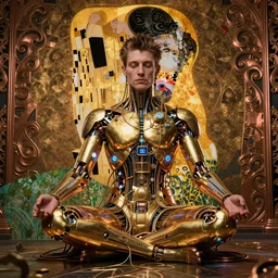 photo of a beautiful male meditating caberpunk cyborg, is connected with glowing devices, artwork by james jean, hyperdetailed realistic gold and copper metallic, jean delville, art nouveau, gustav klimt, ornate copper patina gothic icon, james jean, ultrasharp hyperdetailed photorealistic octane render, long shot