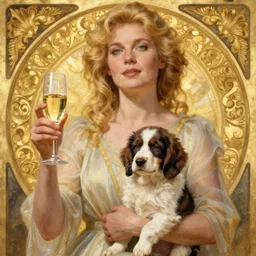 blonde woman with glass of champagne in her hand and spaniel puppy on her lap. gold filigree background. art by louis theophile hingre and alphonse mucha