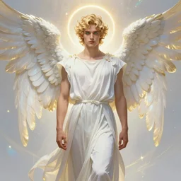 fullbody portrait of a beautiful young fit male angel with curly blond hairs, serene detailed face, cyan eyes, dressed with long fluent clothes, majestic symmetrical eagle wings, luminous halo, by greg rutkowski and alphonse mucha, gradient white to gold, in front of an iridescent background, highly detailed portrait, digital painting, artstation, concept art, smooth, sharp focus illustration