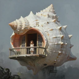sci fi painting of a giant seashell house, a young girl stares from the balcony, by john harris, atmospheric, concept art