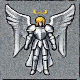an angel, super nintendo game sprite, symetric, pixelate, barroque grey armor, warrior platinum armor, silver armor