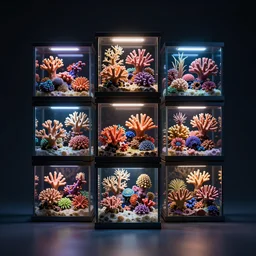composition of square boxes with different microbionts, diorama, front view, light mode, led lamps, coral reef, octane render, macro photo, 3 5 mm f 2. 8, 8 k,