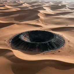 landscape photo of a round black crater in a desert surrounded by sand dunes that resemble an iris